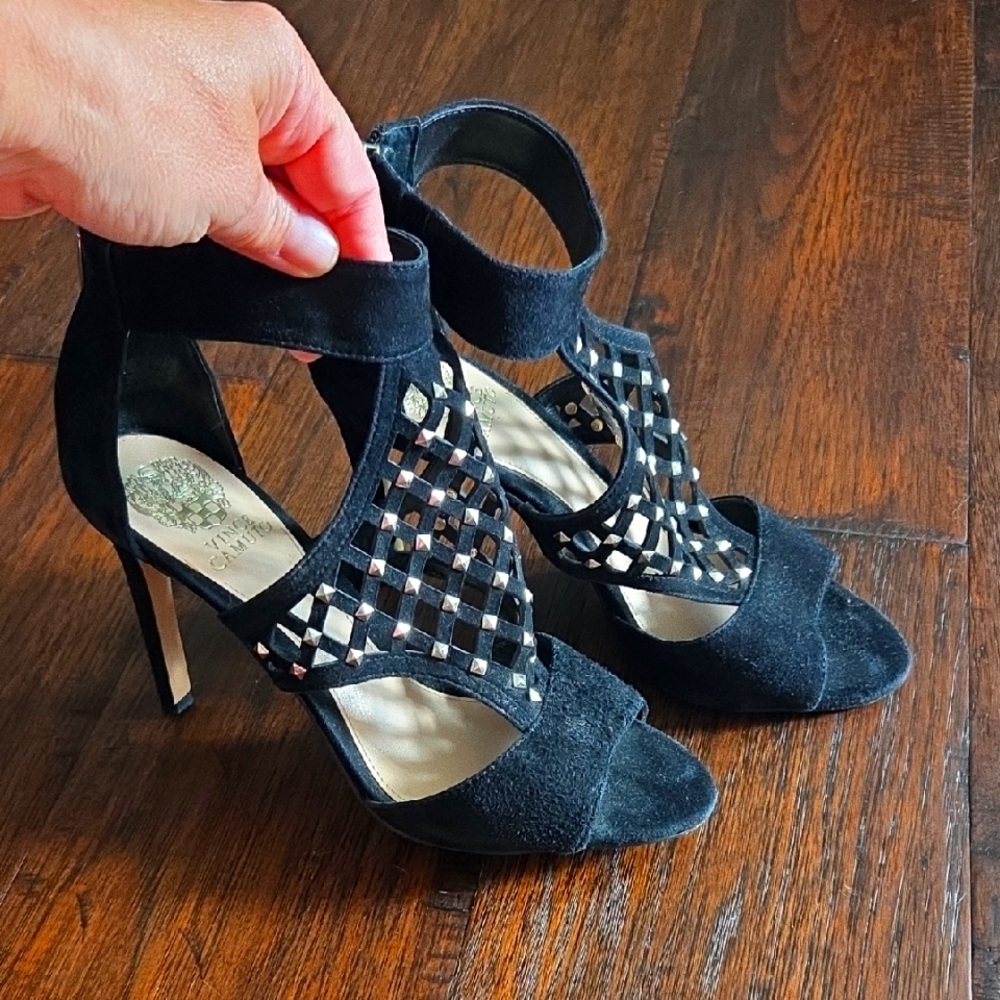 Vince Camuto Kaela Suede Black Strappy Heels Sz 9